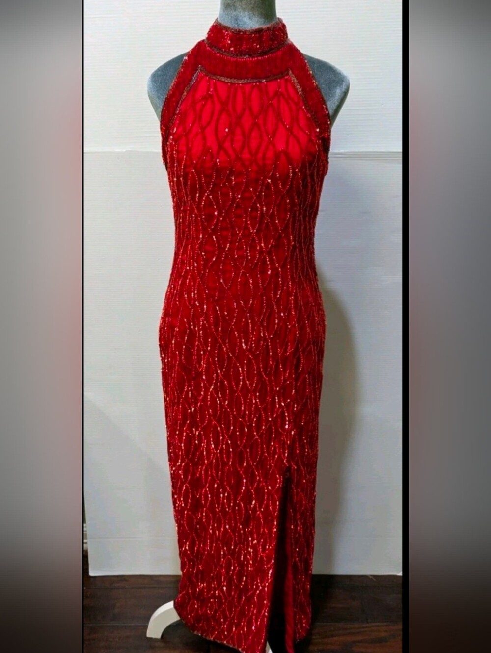 0831 Vintage Laurence Kazar Red Beaded Sequin Silk Halter Maxi Gown